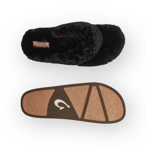 new Olukai ʊ Shearling Fur Outdoor Slipper Thong Sandals ʊ Black 9M ʊ in Box - Picture 6 of 17